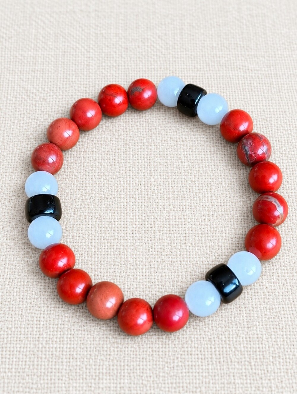 Red Jasper & White Jade Beadrd Stretch Bracelet | Handmade